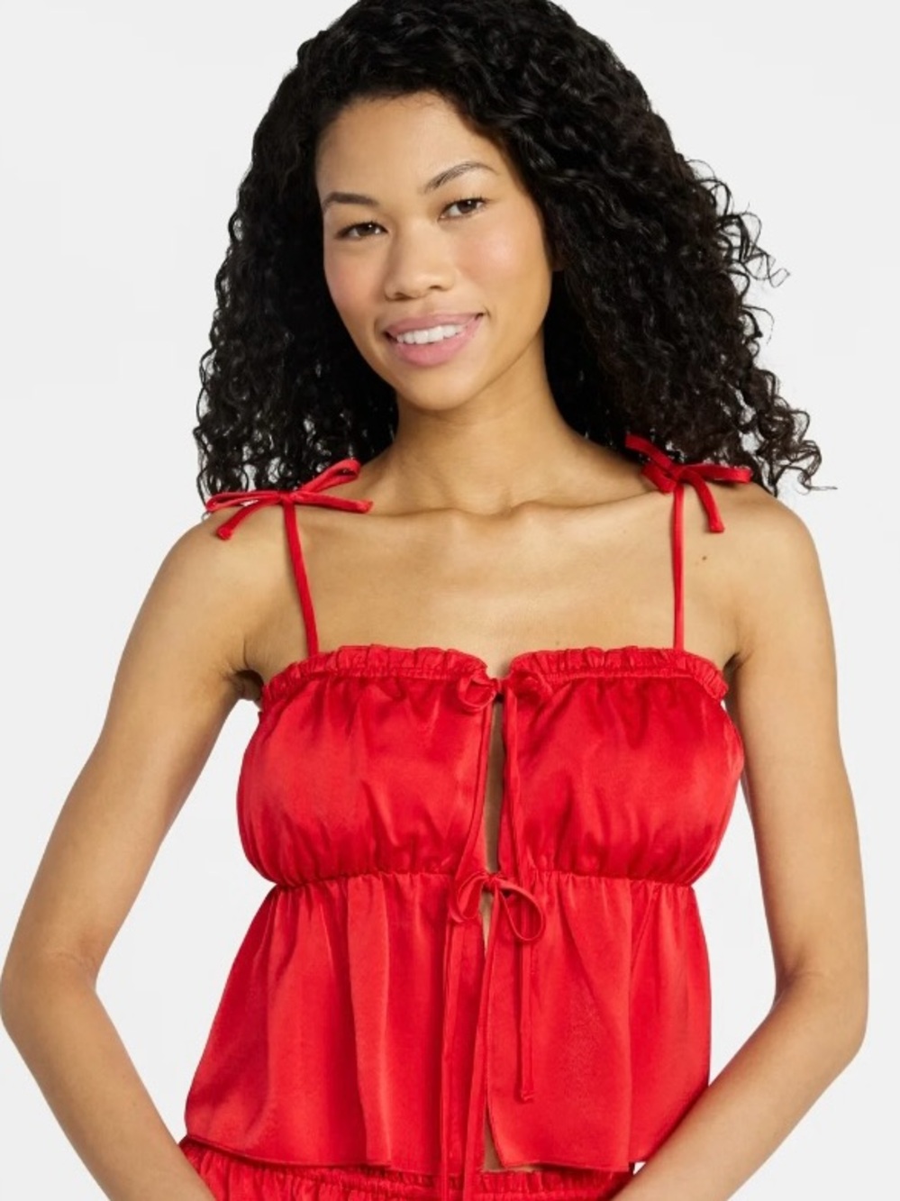 No Boundaries Red Satin Tie-Front Camisole Top